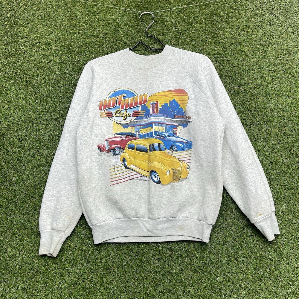 Vintage Classic Car Sweatshirt Mens Medium White Pullover Crewneck Hot Rod Y2K